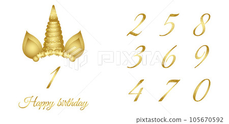 Cute golden unicorn happy birthday illustration on transparent background 105670592