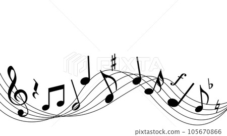 樂譜的波浪背景與流動的音樂。高音譜號和音符的插圖。 樂譜的波浪背景與流動的音樂。高音譜號和音符的插圖。 105670866