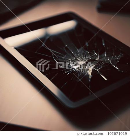 Tablet with a broken screen on a desk Tablet with a broken screen on a desk 105671019