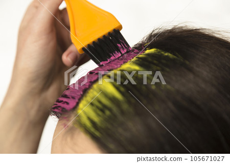 Women coloring hair with brush. Women coloring hair with brush. 105671027