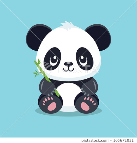 Flat Vector Cute Cartoon Panda Character with Bamboo. Funny Smiling Sitting Panda Bear in Front View Flat Vector Cute Cartoon Panda Character with Bamboo. Funny Smiling Sitting Panda Bear in Front View 105671031