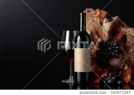 Bottle of red wine with empty label. Bottle of red wine with empty label. 105671047