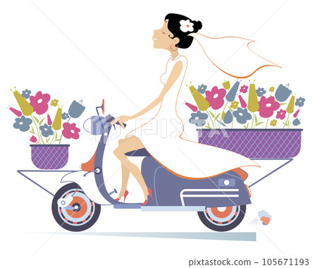 beautiful bride on a bike. Pretty bride in the white dress and wedding veil riding a scooter with bouquets of flowers in baskets beautiful bride on a bike. Pretty bride in the white dress and wedding veil riding a scooter with bouquets of flowers in baskets 105671193