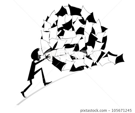 Hard working man concept illustration. Pile, ball of papers. Businessman pulling a big ball of papers. Black and white Hard working man concept illustration. Pile, ball of papers. Businessman pulling a big ball of papers. Black and white 105671245