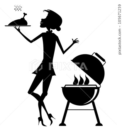 Smiling woman preparing meat on fire. Cheerfulness young woman frying meat duck or chicken on the grill. Black silhouette on white background Smiling woman preparing meat on fire. Cheerfulness young woman frying meat duck or chicken on the grill. Black silhouette on white background 105671259