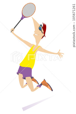 Man playing tennis. Illustration. Winner. Happy jumping man with a tennis racket on the tennis court. Isolated on white background Man playing tennis. Illustration. Winner. Happy jumping man with a tennis racket on the tennis court. Isolated on white background 105671261