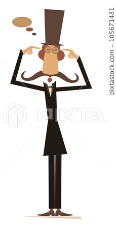 Thinking long mustache man in the top hat. Mustache man in the top hat points two fingers to his head and thinks how to settle the problem or creates new ideas. Isolated on white background Thinking long mustache man in the top hat. Mustache man in the top hat points two fingers to his head and thinks how to settle the problem or creates new ideas. Isolated on white background 105671481