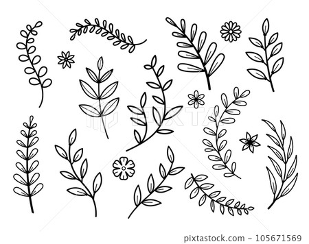 set of tree branches with leaves and flowers line style on white background 105671569