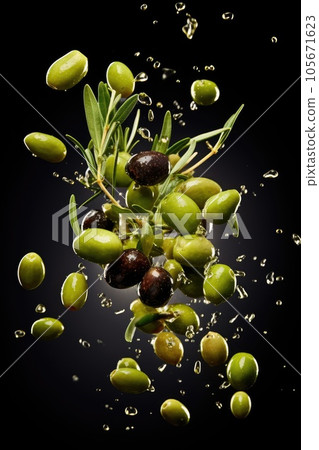 Black and green olives levitation in the air against dark background. Generative AI Black and green olives levitation in the air against dark background. Generative AI 105671623