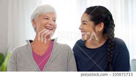 Happy, portrait of grandmother and mom in home with a smile for family, quality time or relax on mothers day in house. Senior woman, grandma and girl together with happiness, support and love Happy, portrait of grandmother and mom in home with a smile for family, quality time or relax on mothers day in house. Senior woman, grandma and girl together with happiness, support and love 105671713