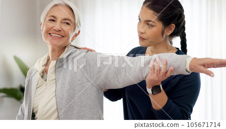 Physiotherapy, arm stretching and senior woman assessment, test or body exam for chiropractic rehabilitation. Physical therapy, chiropractor injury healing or physiotherapist helping elderly patient 105671714