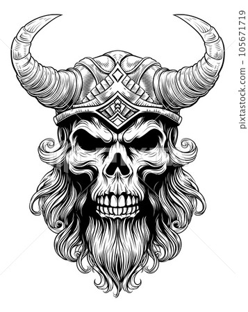 Viking Warrior Skull Man Mascot Face in Helmet Viking Warrior Skull Man Mascot Face in Helmet 105671719