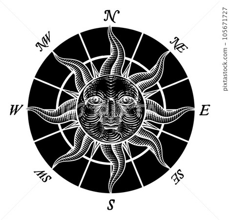 Compass Sun Face Etching Rose Woodcut Drawing 105671727