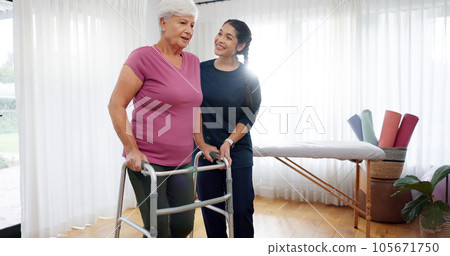 Physiotherapy, senior woman and walking frame support, Physical therapy consultation and muscle health. Elderly person or patient with disability and nurse, chiropractor or doctor helping in studio 105671750