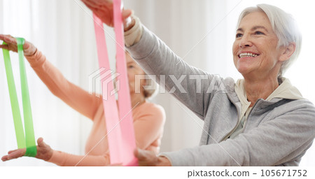 Band, yoga class and senior happy people stretching, listening and exercise arm for activity, retirement or club. Resistance fabric, pilates and elderly women training, fitness and workout in studio Band, yoga class and senior happy people stretching, listening and exercise arm for activity, retirement or club. Resistance fabric, pilates and elderly women training, fitness and workout in studio 105671752