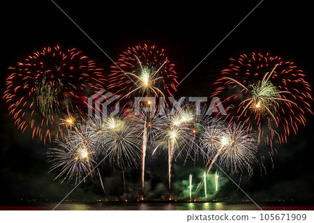 Real Fireworks display celebration, Colorful New Year Firework Real Fireworks display celebration, Colorful New Year Firework 105671909