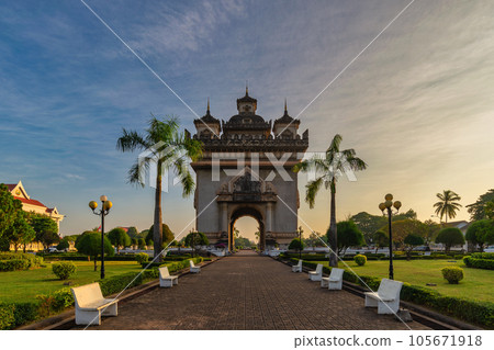 Vientiane Laos, sunrise city skyline at Patuxai (Patuxay) the most famous landmark in Vientiane 105671918