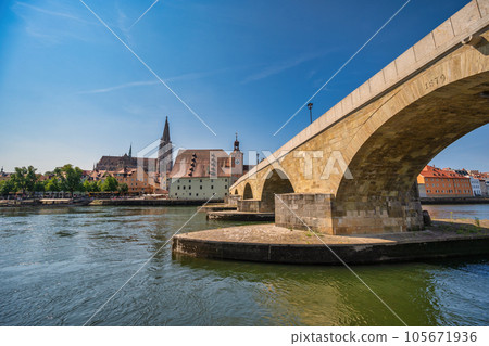 Regensburg Germany, city skyline at Old Town Altstadt and Danube River 105671936
