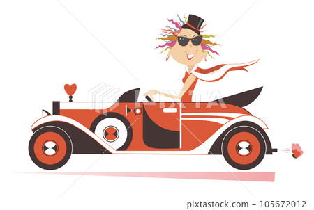 Smiling young man drives a car illustration. Elegant young woman drives a red cabriolet. Isolated on white background 105672012