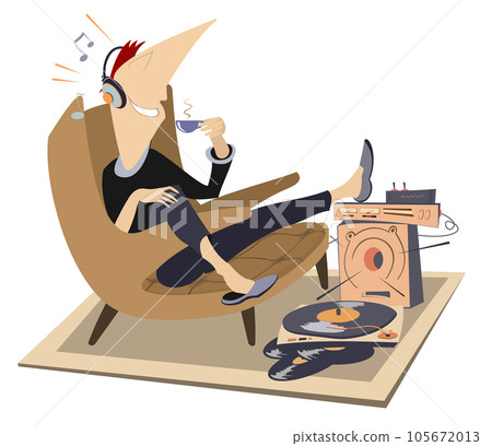 Young man, audio equipment, armchair, cup of coffee or tea. Young man in headphones sitting in the armchair, listening music and drinking cup of coffee or tea. Illustration on white background Young man, audio equipment, armchair, cup of coffee or tea. Young man in headphones sitting in the armchair, listening music and drinking cup of coffee or tea. Illustration on white background 105672013