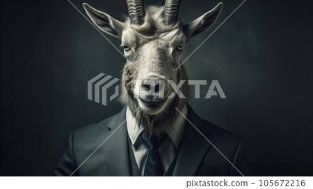mountain goat long hons head portrait wearing suit on isolated background 105672216