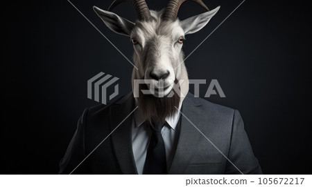 mountain goat long hons head portrait wearing suit on isolated background 105672217