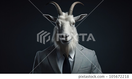 mountain goat long hons head portrait wearing suit on isolated background 105672218