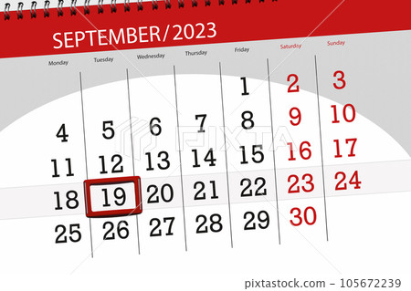 Calendar 2023, deadline, day, month, page, organizer, date, September, tuesday, number 19 Calendar 2023, deadline, day, month, page, organizer, date, September, tuesday, number 19 105672239