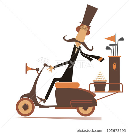 Man on the scooter goes to play golf illustration. Long mustache man in the top hat with golf clubs and balls is on the way to the golf course. Isolated on white background 105672393