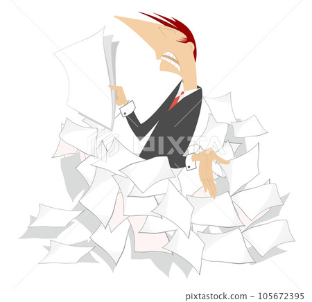 Businessman. Paperwork. Big pile of papers. Businessman. File clerk surrounded with pile of papers Businessman. Paperwork. Big pile of papers. Businessman. File clerk surrounded with pile of papers 105672395