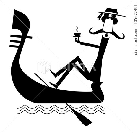 Man riding a gondola. Resting gondolier drinking a cup of coffee or tea. Black on white illustration Man riding a gondola. Resting gondolier drinking a cup of coffee or tea. Black on white illustration 105672491