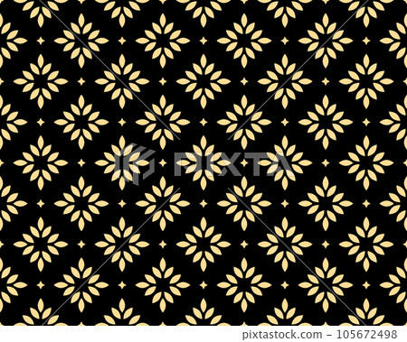 Flower geometric pattern. Seamless vector background. Gold and black ornament. Ornament for fabric, wallpaper, packaging. Decorative print Flower geometric pattern. Seamless vector background. Gold and black ornament. Ornament for fabric, wallpaper, packaging. Decorative print 105672498