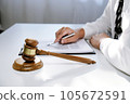 Legal counsel presents to the client a signed contract with gavel and legal law. justice and lawyer concept. 105672591