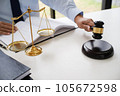 Lawyer Legal counsel presents to the client a signed contract with gavel and legal law. justice and lawyer Business partnership meeting concept. 105672598