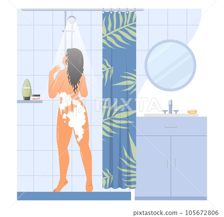 Pretty young woman taking shower at home vector illustration 105672806