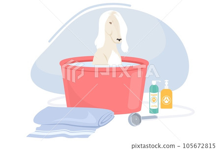Cute dog taking bubble bath in bathtub cartoon vector illustration Cute dog taking bubble bath in bathtub cartoon vector illustration 105672815