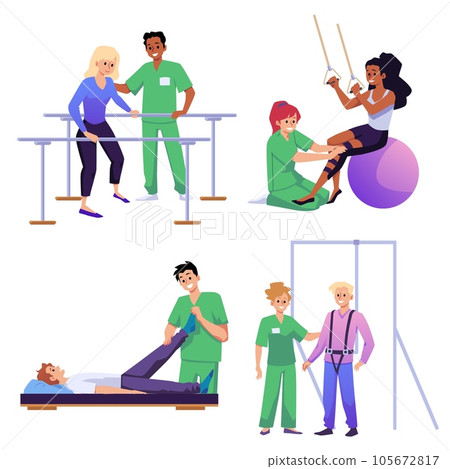 Set of people attending physiotherapy clinic, flat vector illustration isolated on white background. Set of people attending physiotherapy clinic, flat vector illustration isolated on white background. 105672817