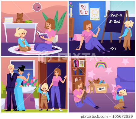 Nanny or babysitter service scenes set, young woman taking care of child - flat vector illustration. 105672829