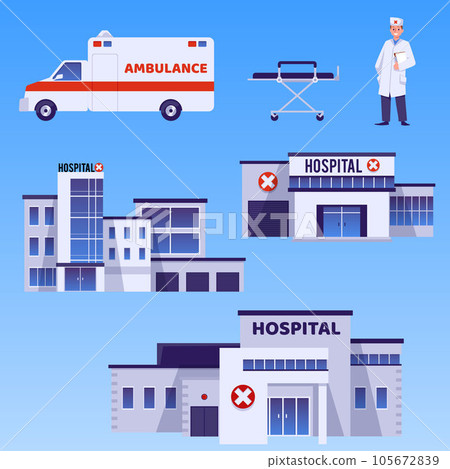 Hospital building exterior, ambulance car and doctor - flat vector illustration isolated on blue background. 105672839