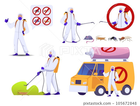 Pest control service exterminator, set of flat vector illustrations isolated on white background. 105672848