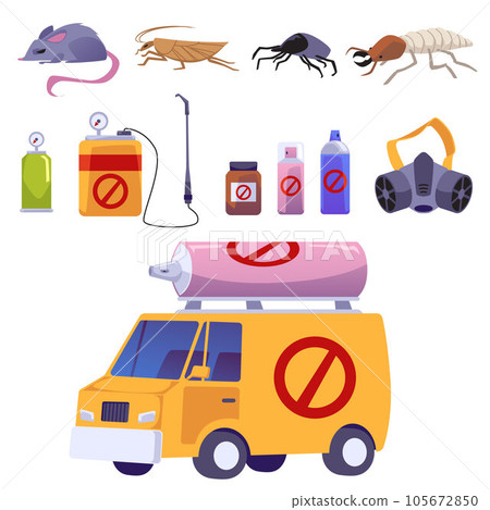 Pest control service equipment icons set, flat vector illustration isolated. 105672850