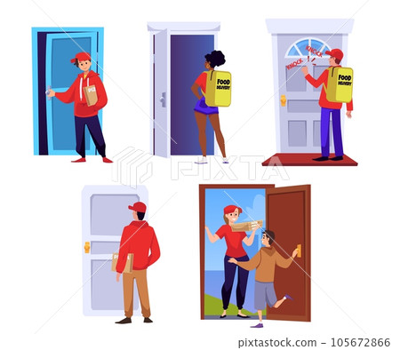 Food delivery, couriers stand at the door - flat vector illustration isolated on white background. Food delivery, couriers stand at the door - flat vector illustration isolated on white background. 105672866