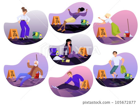 Set of falling people slipped on wet floor flat style, vector illustration Set of falling people slipped on wet floor flat style, vector illustration 105672877