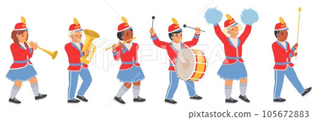 Military orchestra children character marching playing music instrument 105672883