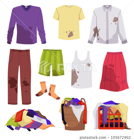 Dirty unwashed clothes with stains and defects set vector illustration isolated. Dirty unwashed clothes with stains and defects set vector illustration isolated. 105672902