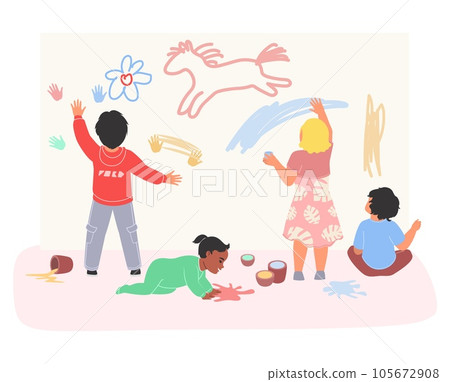 Kids painting party vector illustration with happy children drawing Kids painting party vector illustration with happy children drawing 105672908