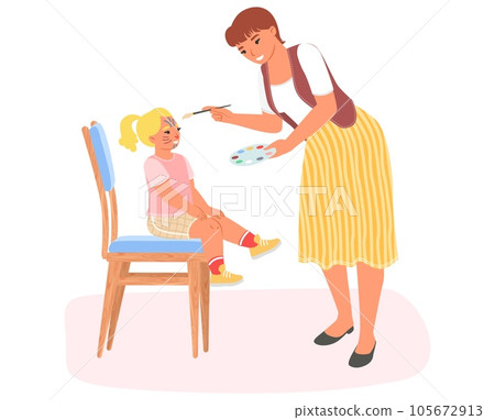 Woman beautician artist making aqua makeup for kid 105672913