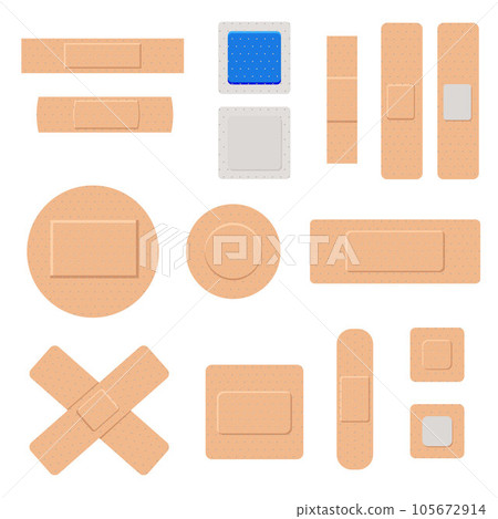 Set of different adhesive bandages or medical plasters, flat vector illustration isolated on white background. 105672914