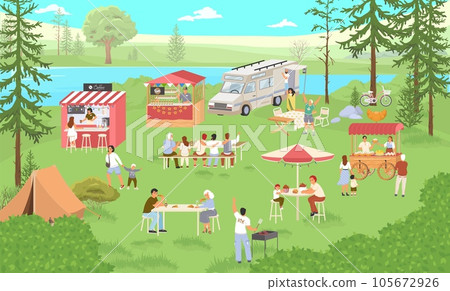 Food festival in forest park vector illustration with people Food festival in forest park vector illustration with people 105672926