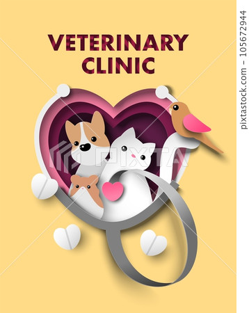Veterinary clinic vector illustration with cute domestic animals Veterinary clinic vector illustration with cute domestic animals 105672944